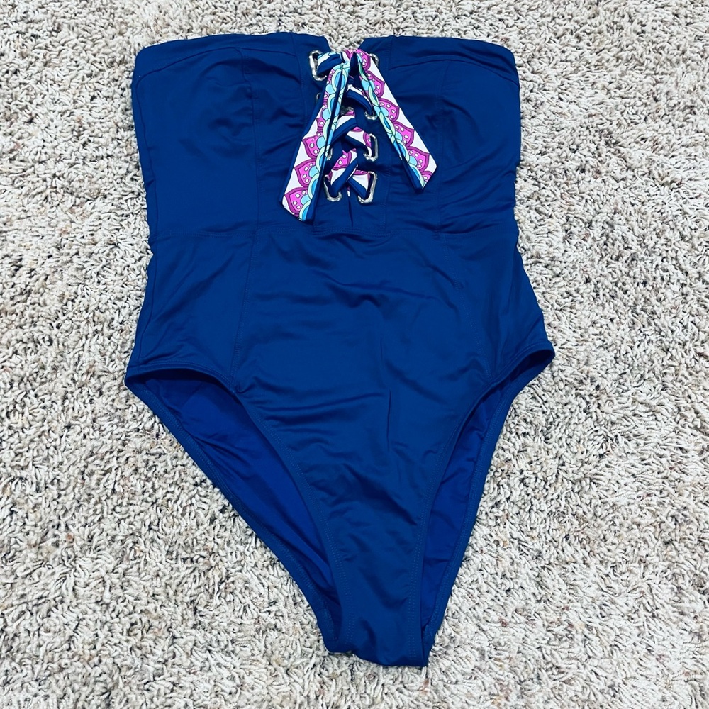 Trina Turk Blue One Piece Swimsuit with Sweetheart Neckline